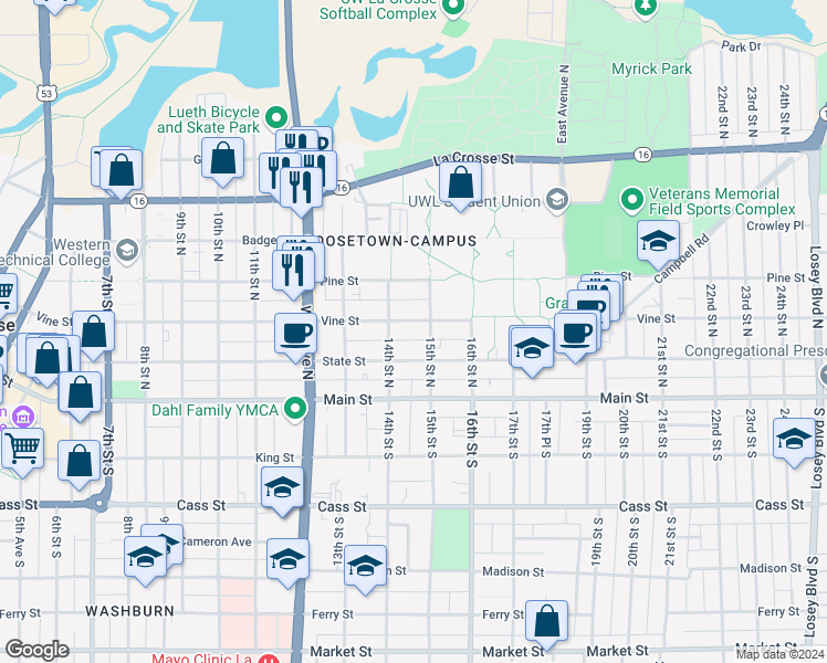 map of restaurants, bars, coffee shops, grocery stores, and more near in La Crosse
