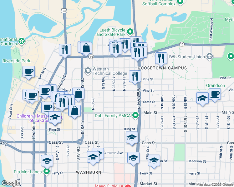 map of restaurants, bars, coffee shops, grocery stores, and more near 1006 Vine Street in La Crosse