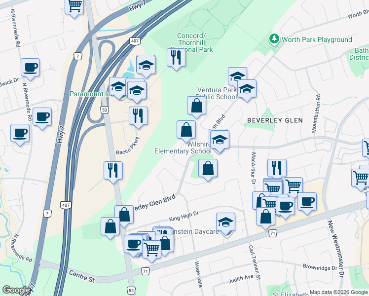 map of restaurants, bars, coffee shops, grocery stores, and more near 72 Redondo Drive in Vaughan