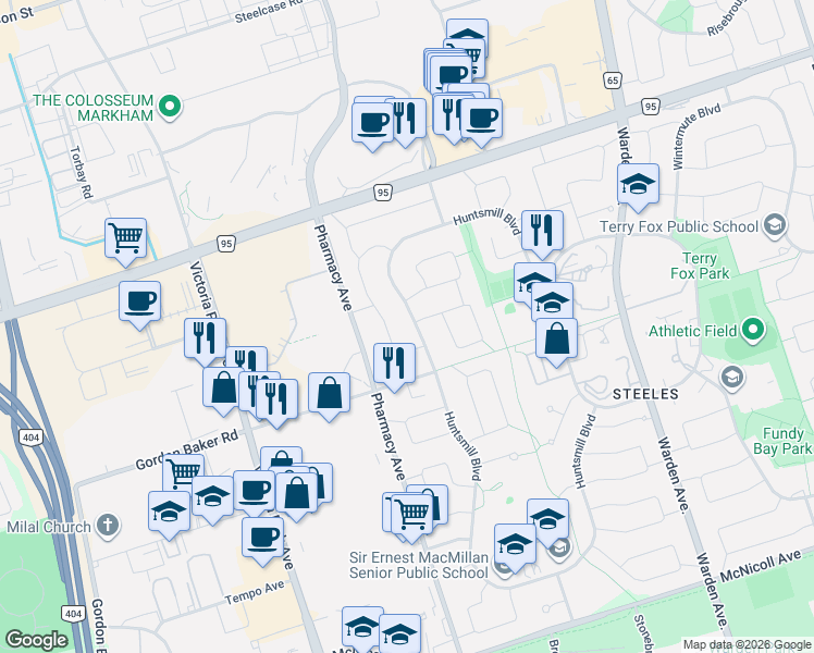 map of restaurants, bars, coffee shops, grocery stores, and more near 292 Huntsmill Boulevard in Toronto