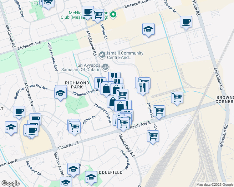 map of restaurants, bars, coffee shops, grocery stores, and more near in Toronto