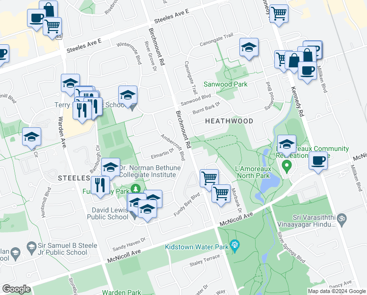 map of restaurants, bars, coffee shops, grocery stores, and more near 93 Ambercroft Boulevard in Toronto