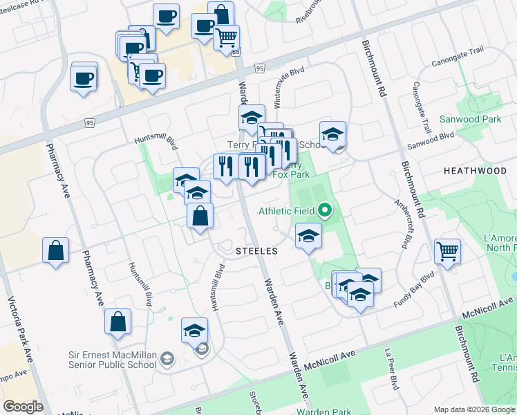 map of restaurants, bars, coffee shops, grocery stores, and more near 275 Bamburgh Circle in Toronto
