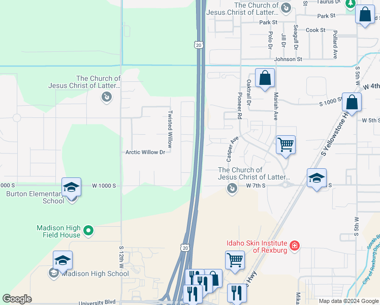 map of restaurants, bars, coffee shops, grocery stores, and more near 594 Sunflower Road in Rexburg