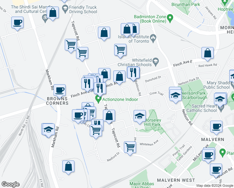 map of restaurants, bars, coffee shops, grocery stores, and more near 90 Crittenden Square in Toronto