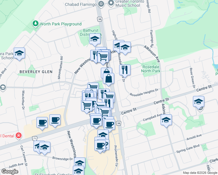 map of restaurants, bars, coffee shops, grocery stores, and more near 7890 Bathurst Street in Vaughan