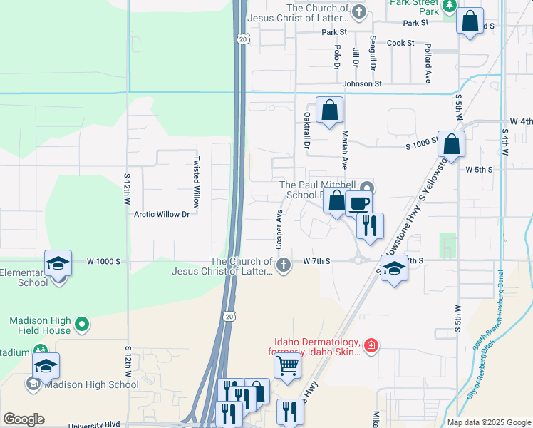 map of restaurants, bars, coffee shops, grocery stores, and more near 900 Andrews Place in Rexburg