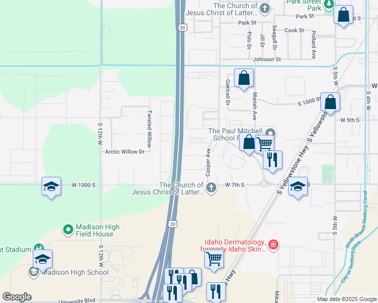 map of restaurants, bars, coffee shops, grocery stores, and more near 900 Andrews Place in Rexburg