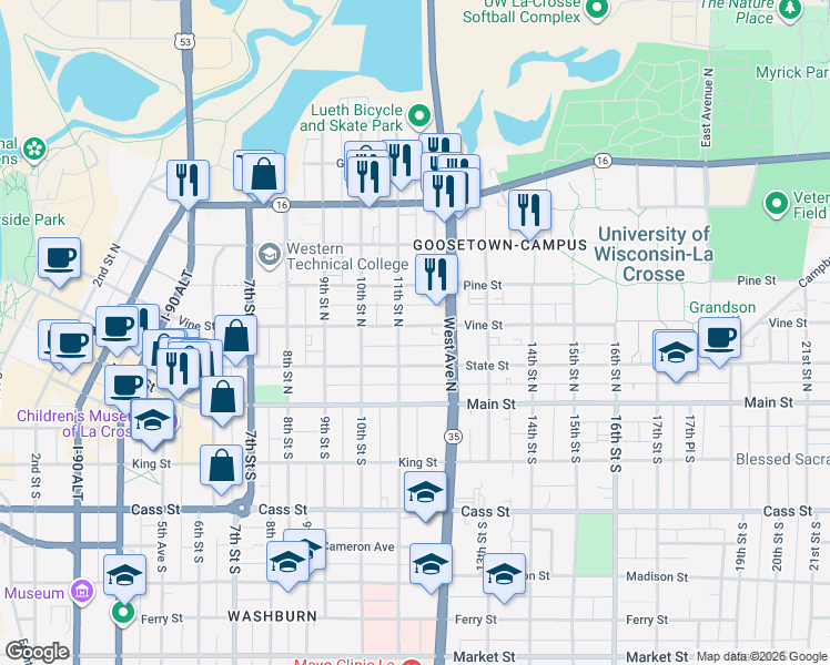 map of restaurants, bars, coffee shops, grocery stores, and more near 1116 Vine Street in La Crosse