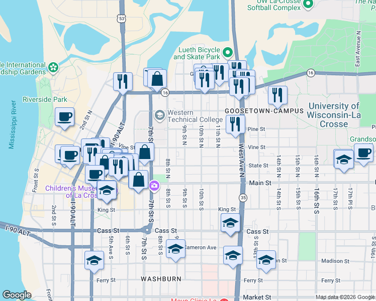 map of restaurants, bars, coffee shops, grocery stores, and more near 220 9th Street North in La Crosse