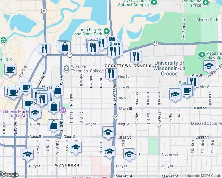 map of restaurants, bars, coffee shops, grocery stores, and more near 223 West Avenue North in La Crosse