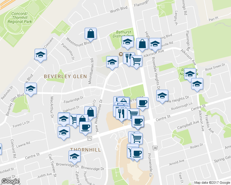map of restaurants, bars, coffee shops, grocery stores, and more near 33 Beverley Glen Boulevard in Vaughan