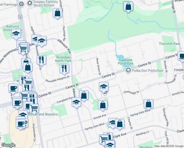 map of restaurants, bars, coffee shops, grocery stores, and more near 23 Green Acres Road in Vaughan