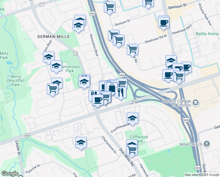 map of restaurants, bars, coffee shops, grocery stores, and more near 6 Darby Way in Markham