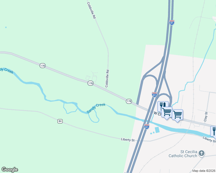 map of restaurants, bars, coffee shops, grocery stores, and more near 9964 Cobbville Road in Adams