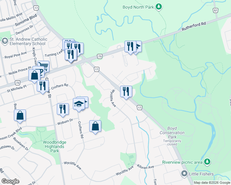 map of restaurants, bars, coffee shops, grocery stores, and more near 617 Wycliffe Avenue in Vaughan