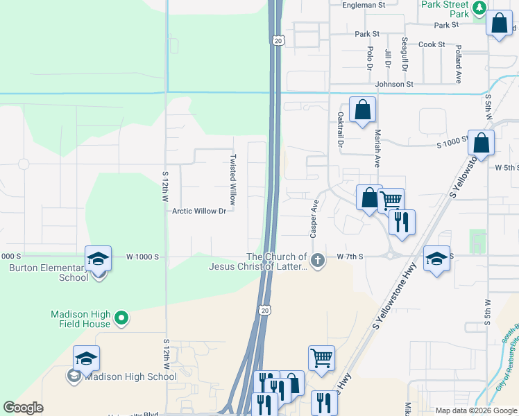 map of restaurants, bars, coffee shops, grocery stores, and more near 596 Sunflower Road in Rexburg