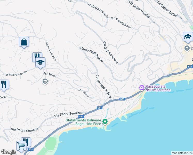 map of restaurants, bars, coffee shops, grocery stores, and more near 541 Corso degli Inglesi in Sanremo