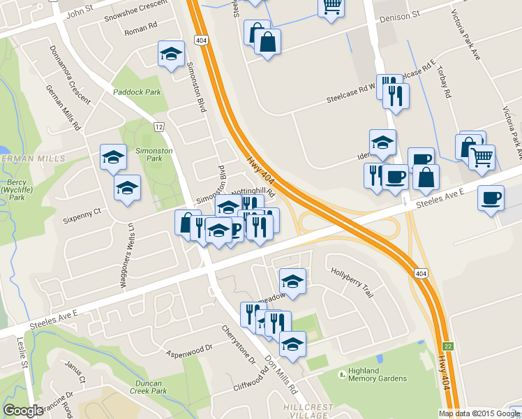 map of restaurants, bars, coffee shops, grocery stores, and more near 96 Windsor Court Road in Markham