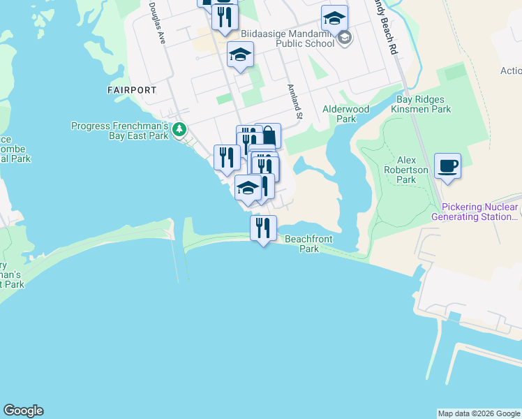 map of restaurants, bars, coffee shops, grocery stores, and more near in Pickering