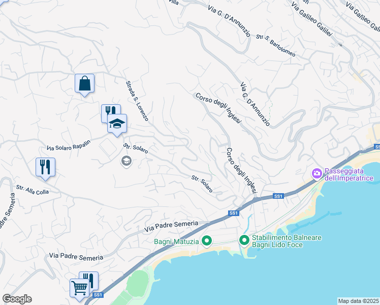map of restaurants, bars, coffee shops, grocery stores, and more near 179-181 Strada Solaro in Sanremo