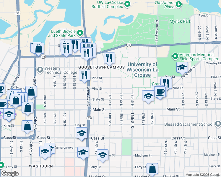 map of restaurants, bars, coffee shops, grocery stores, and more near 1408 Vine Street in La Crosse