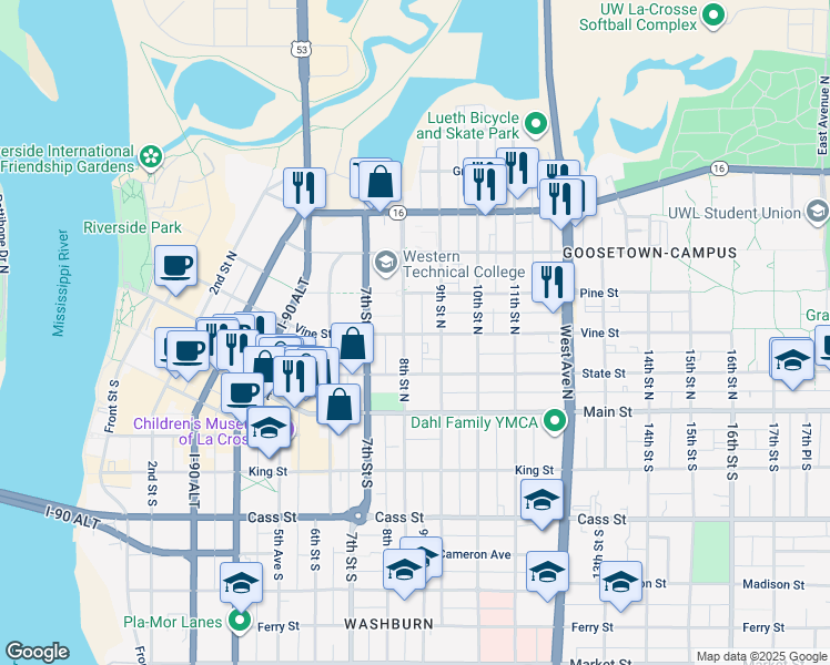 map of restaurants, bars, coffee shops, grocery stores, and more near 226 8th Street North in La Crosse
