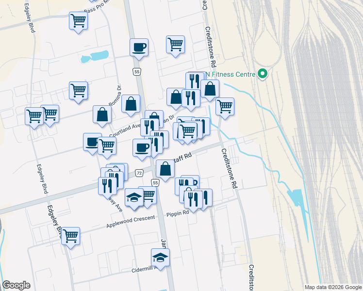 map of restaurants, bars, coffee shops, grocery stores, and more near 3000 Langstaff Road in Vaughan
