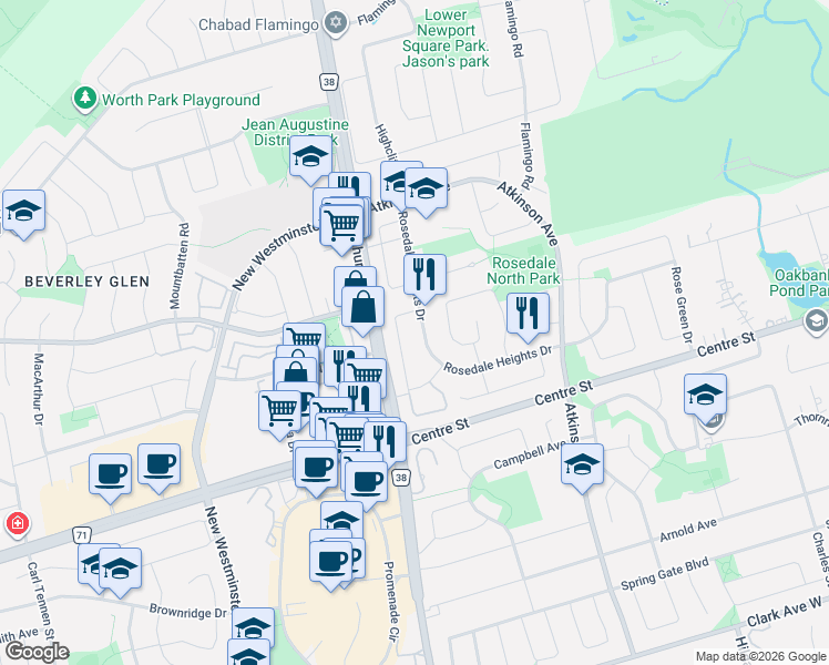 map of restaurants, bars, coffee shops, grocery stores, and more near 171 Rosedale Heights Drive in Vaughan