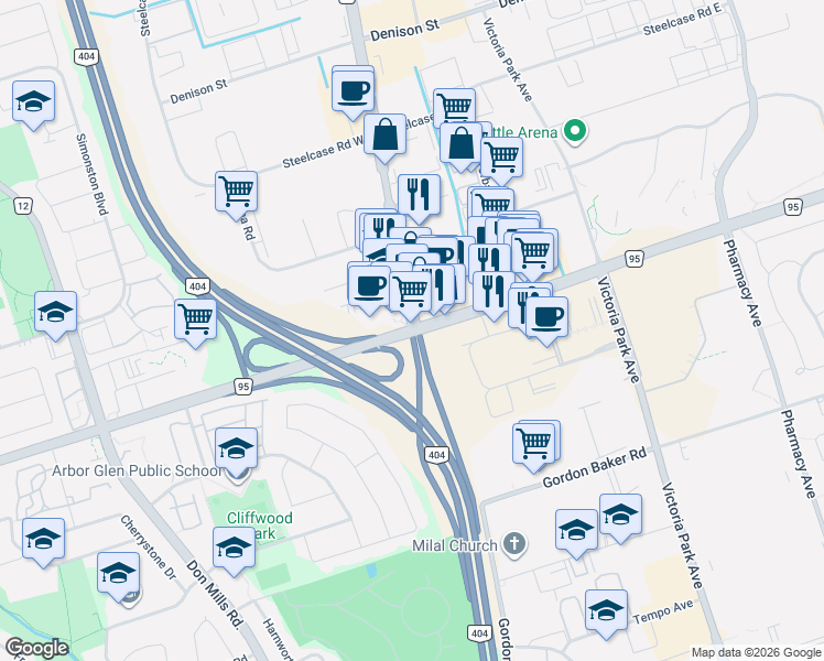 map of restaurants, bars, coffee shops, grocery stores, and more near 59 D Woodbine Avenue in Toronto