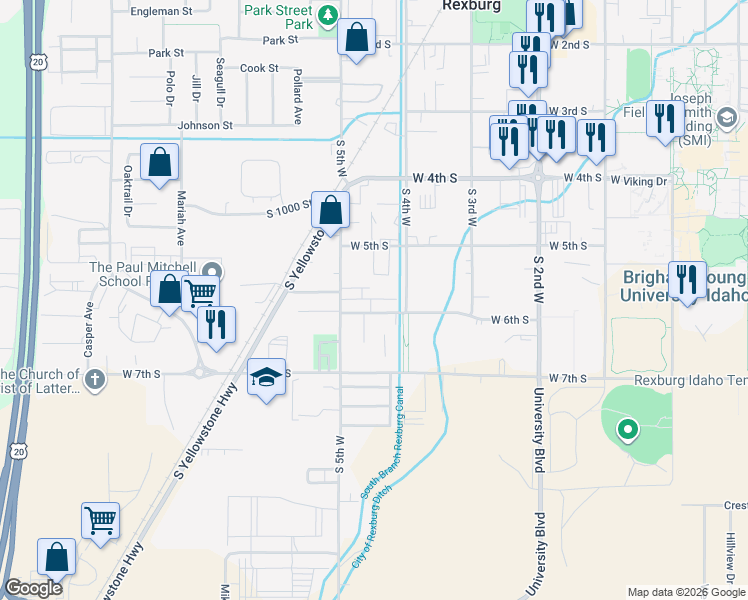 map of restaurants, bars, coffee shops, grocery stores, and more near 421 West 6th South in Rexburg