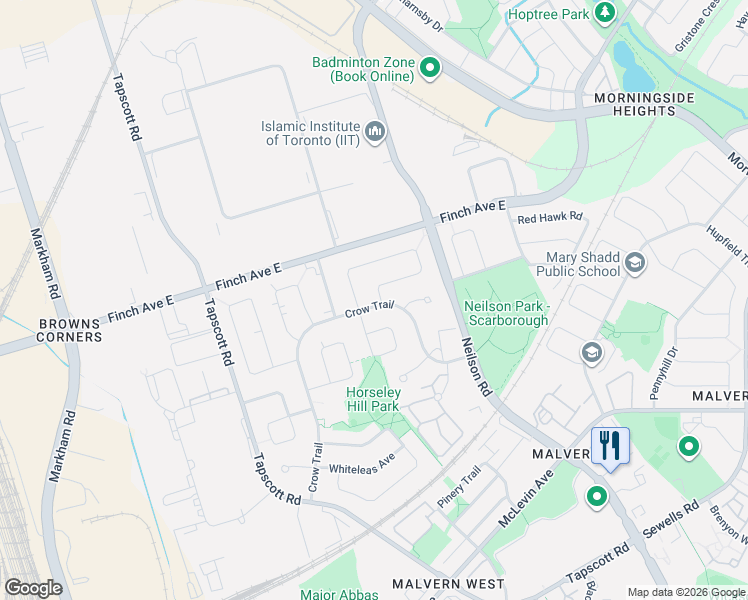 map of restaurants, bars, coffee shops, grocery stores, and more near 117 Dunsfold Drive in Toronto
