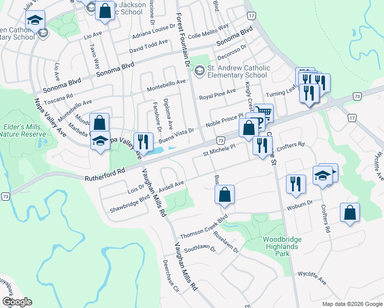 map of restaurants, bars, coffee shops, grocery stores, and more near 42 Saint Michele Place in Vaughan