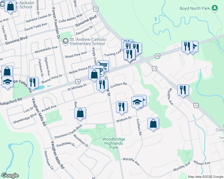map of restaurants, bars, coffee shops, grocery stores, and more near 372 Crofters Road in Vaughan