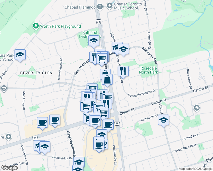 map of restaurants, bars, coffee shops, grocery stores, and more near 7900 Bathurst Street in Vaughan