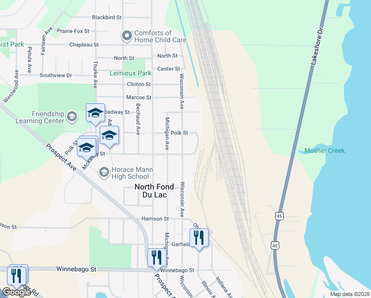 map of restaurants, bars, coffee shops, grocery stores, and more near 940 Wisconsin Avenue in North Fond du Lac