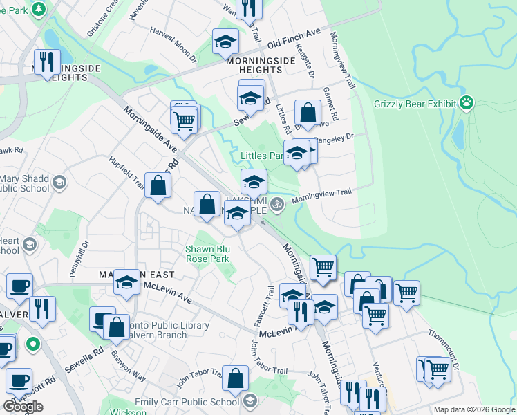 map of restaurants, bars, coffee shops, grocery stores, and more near 2 Morningview Trail in Toronto