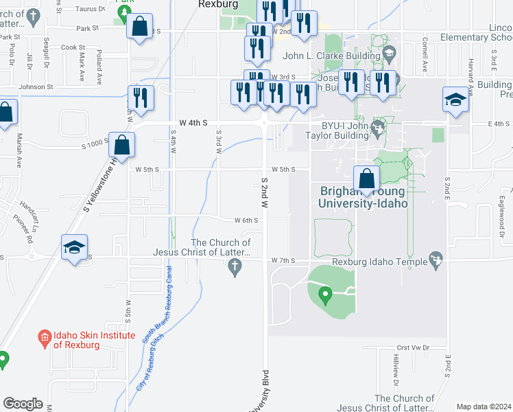 map of restaurants, bars, coffee shops, grocery stores, and more near 570 South 2nd West in Rexburg