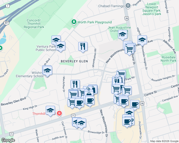 map of restaurants, bars, coffee shops, grocery stores, and more near 1 Edenbridge Drive in Vaughan