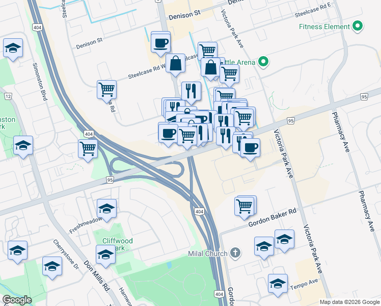 map of restaurants, bars, coffee shops, grocery stores, and more near 165 Woodbine Avenue in Toronto