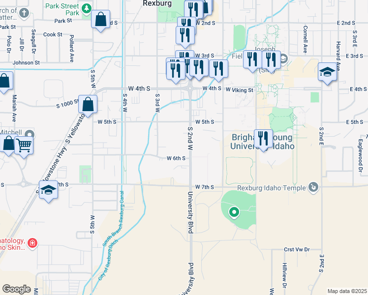 map of restaurants, bars, coffee shops, grocery stores, and more near 570 South 2nd West in Rexburg