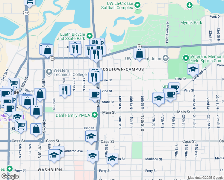 map of restaurants, bars, coffee shops, grocery stores, and more near 218 13th Street North in La Crosse