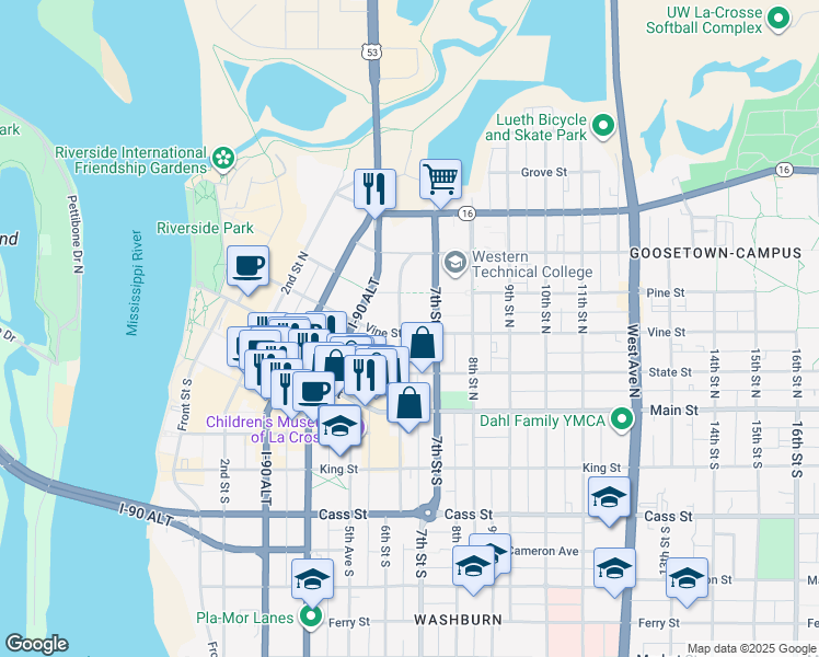map of restaurants, bars, coffee shops, grocery stores, and more near 224 6th Street South in La Crosse