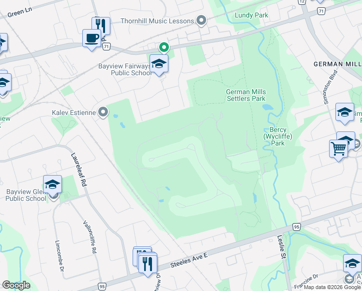 map of restaurants, bars, coffee shops, grocery stores, and more near 73 Fairway Heights Drive in Markham
