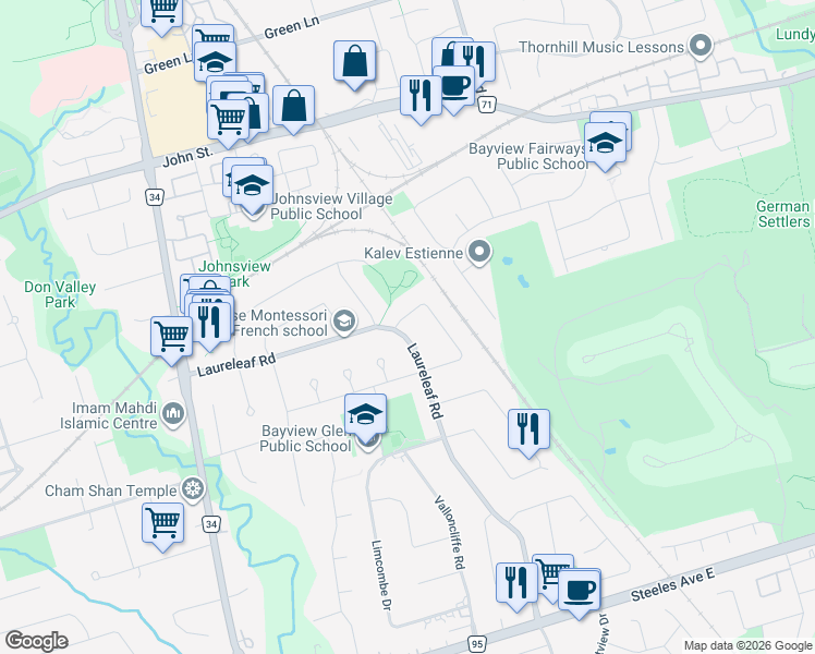 map of restaurants, bars, coffee shops, grocery stores, and more near 53 Laureleaf Road in Markham