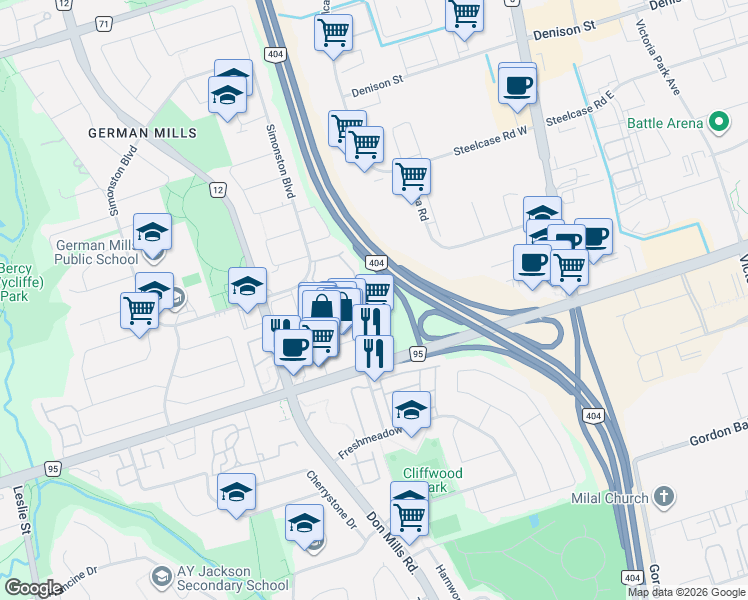 map of restaurants, bars, coffee shops, grocery stores, and more near 77 Nottinghill Road in Markham