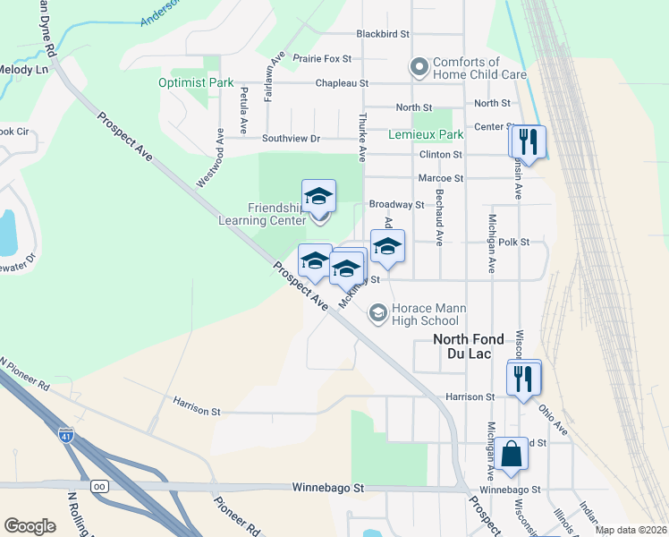 map of restaurants, bars, coffee shops, grocery stores, and more near 325 Polk Street in North Fond du Lac