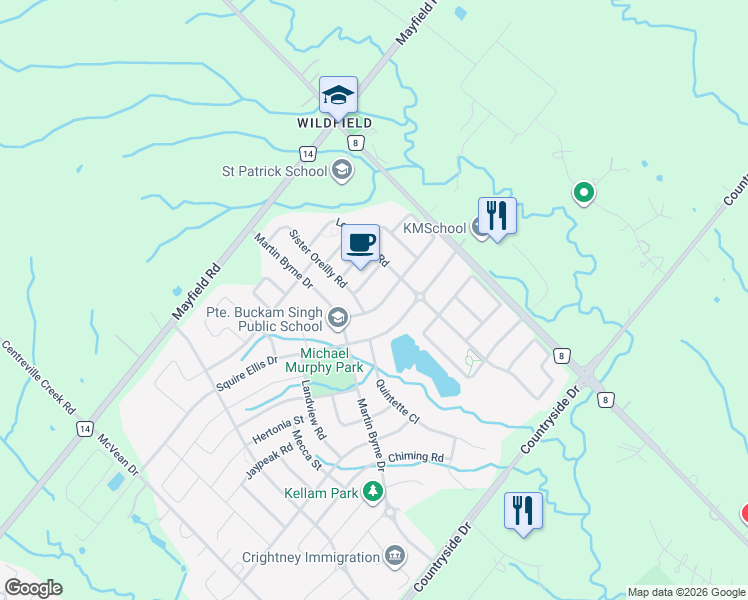 map of restaurants, bars, coffee shops, grocery stores, and more near 10 Falkland Road in Brampton
