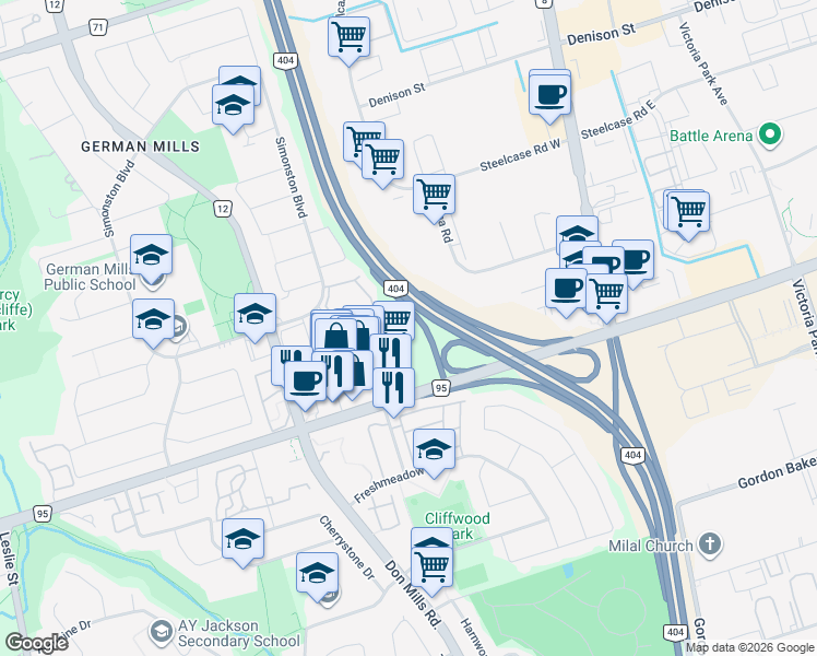 map of restaurants, bars, coffee shops, grocery stores, and more near in Markham