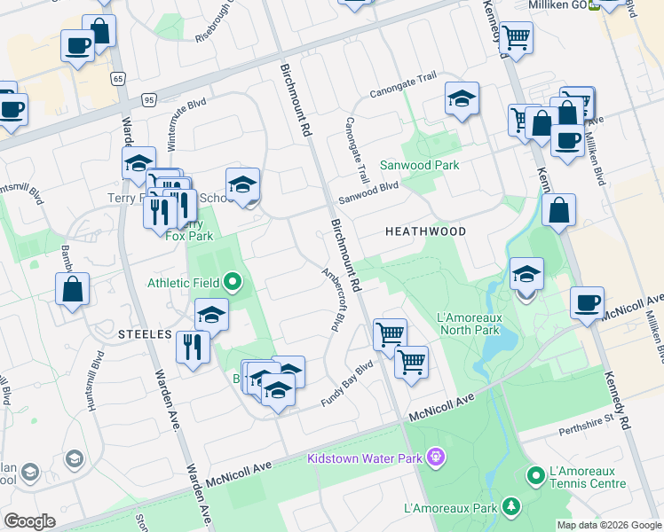 map of restaurants, bars, coffee shops, grocery stores, and more near 103 Ambercroft Boulevard in Toronto